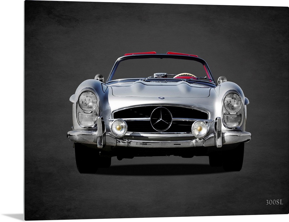 Photograph of a silver 1958 Mercedes Benz 300SL printed on a black background with a dark vignette.