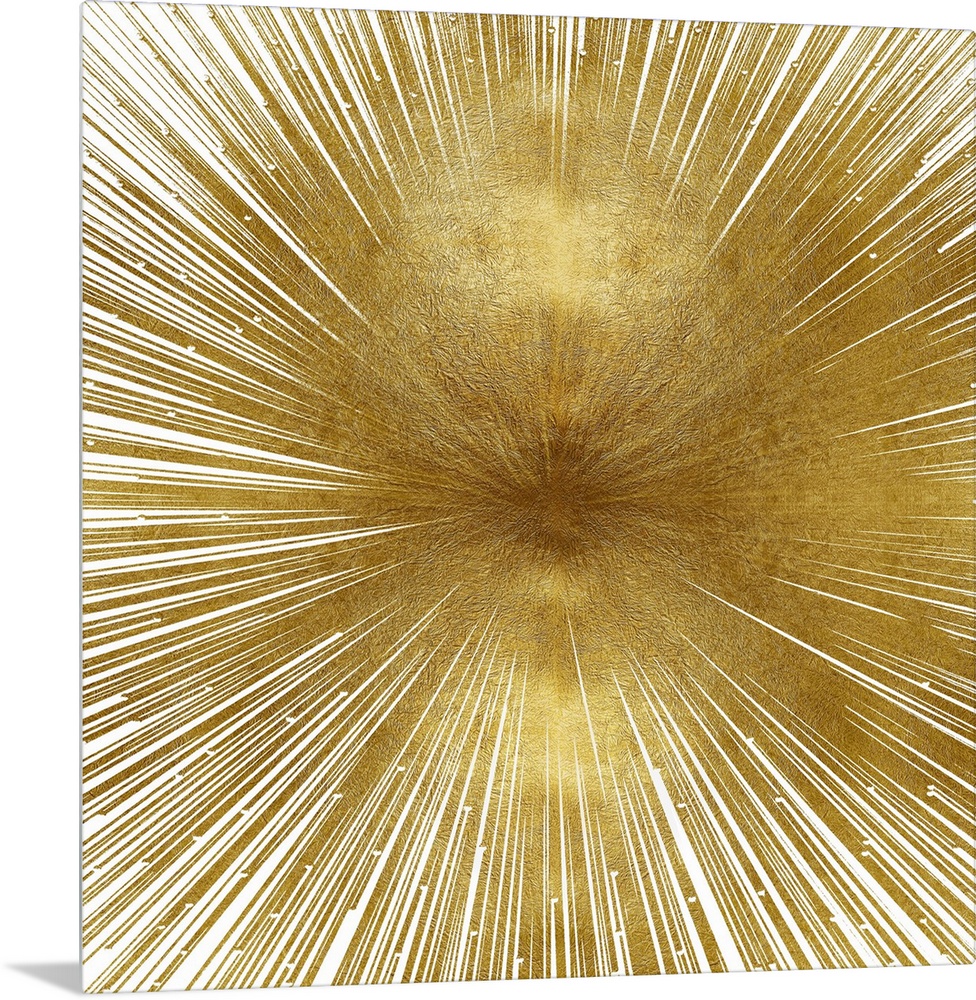 Square decor with a circular shape made out of thin gold lines angled out and disappearing into the dark gold center on a ...