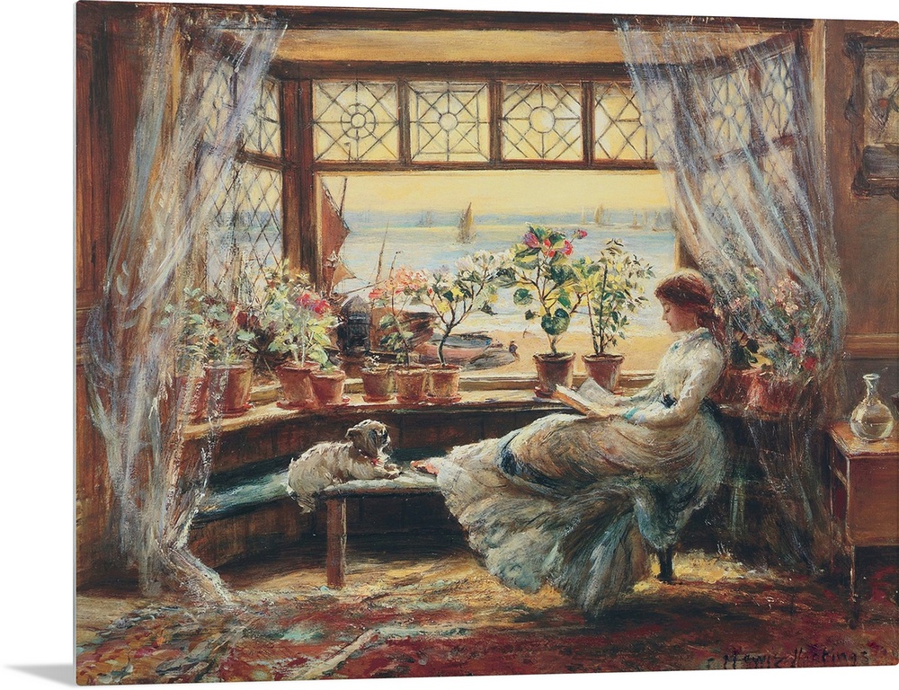 Classic painting of a woman reading at a bay window with her dog.
