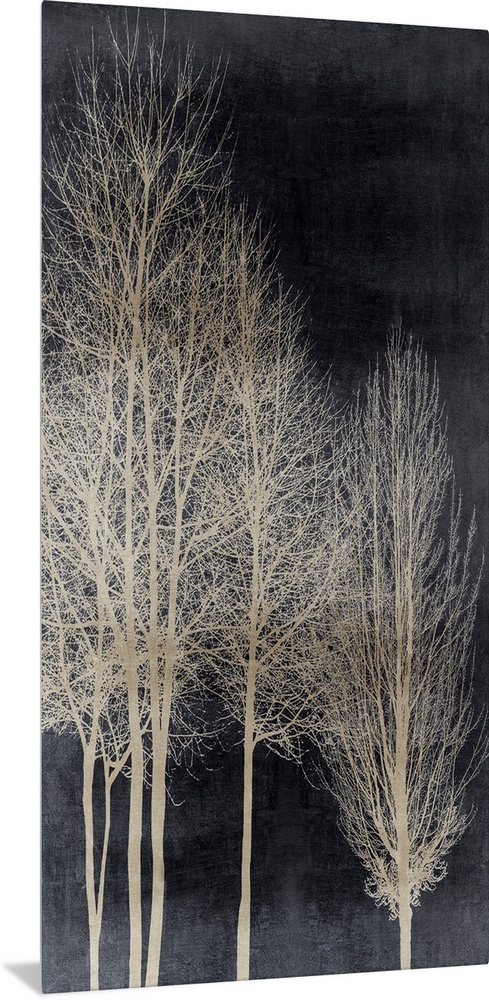 Decorative artwork featuring an aged silver silhouette of leafless trees over a distressed background.