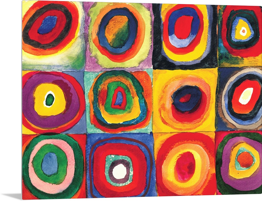 A Contemporary painting of colorful rings of circles within squares.