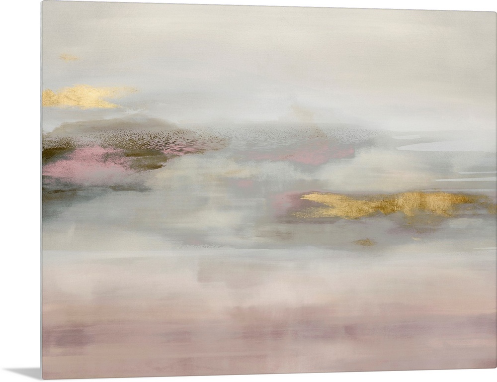 Contemporary abstract artwork in muted pink and white tones with gold colored brush accents.