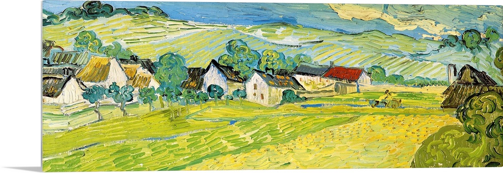 Painting of a beautiful landscape of a village and fields by Vincent Van Gogh.