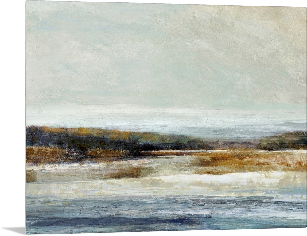 Abstract landscape artwork of the edge where land meets water in subdued colors.