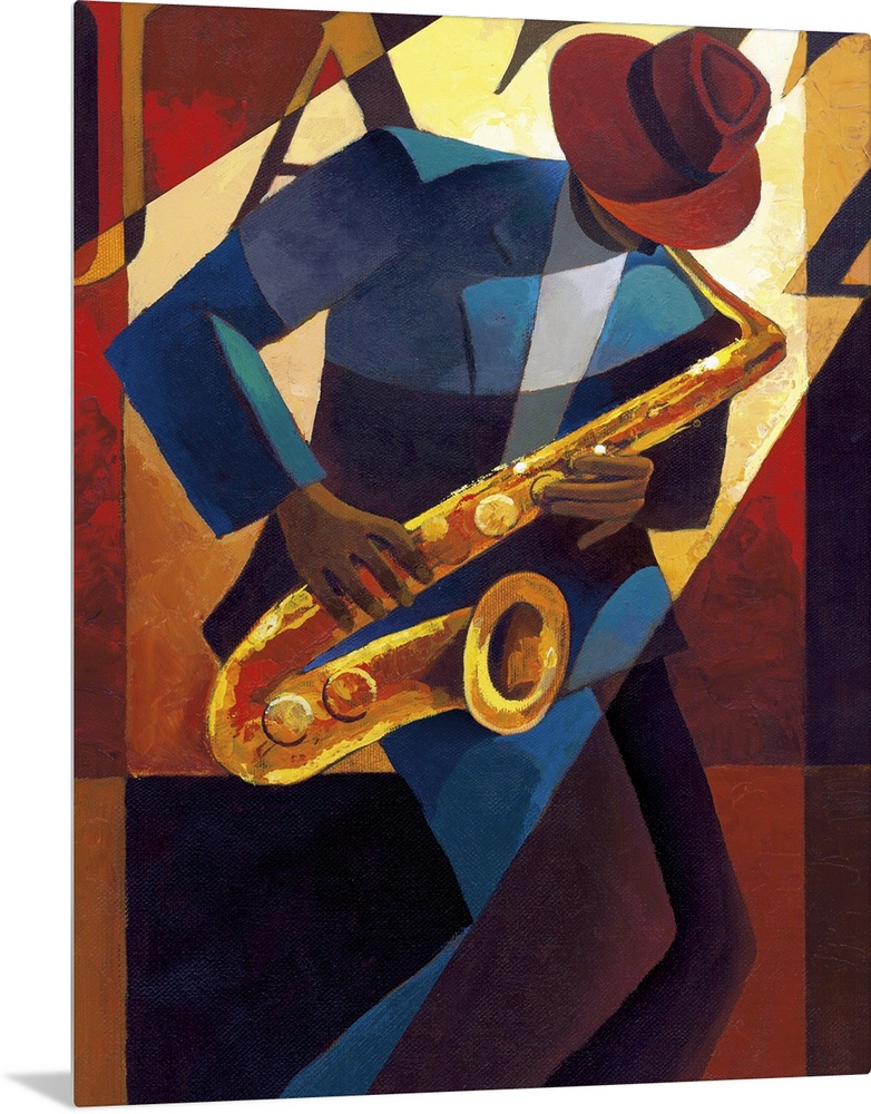 Contemporary painting of a jazz musician playing the saxophone.