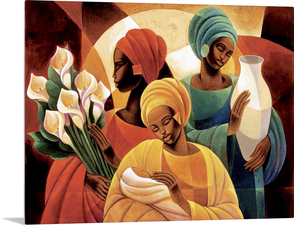 Artwork of three African women, one holding lilies, one holding a vase, and one holding a child.