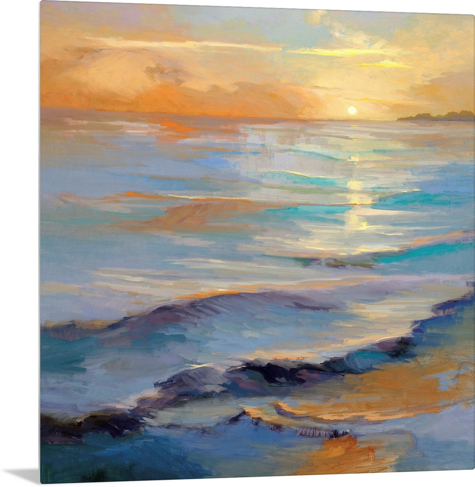 Square painting of gentle waves in the ocean with the sun reflecting in the water.