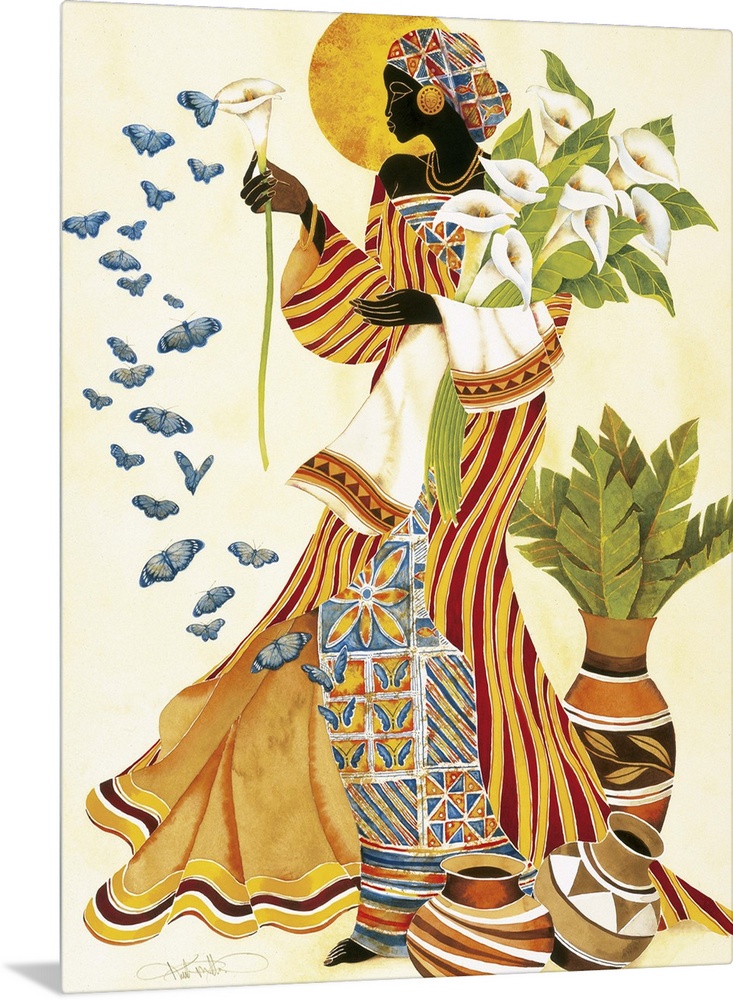 An African woman in a beautiful patterned robes holding white lilies and looking at butterflies.