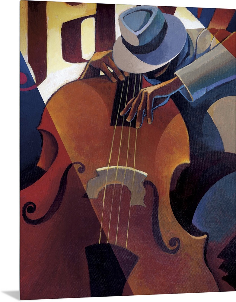 Contemporary painting of a jazz musician playing the bass.