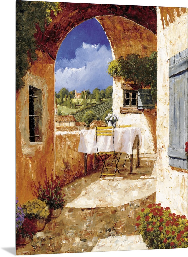 Contemporary artwork of a Tuscan villa on a sunny day.