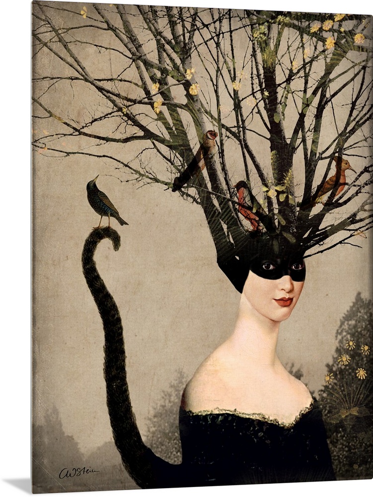 A woman with a cat tail has tree branches coming from her head where birds are resting.