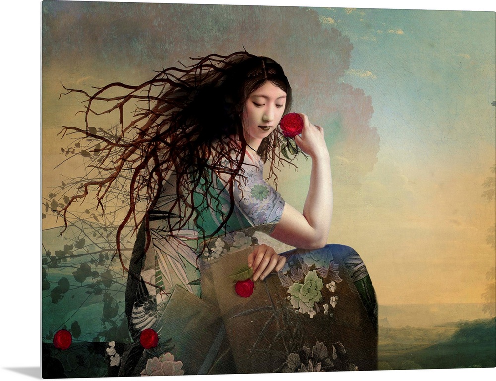 A lady with a floral dress is admiring the landscape.  She is holding a red rose and has tree limbs for hair.