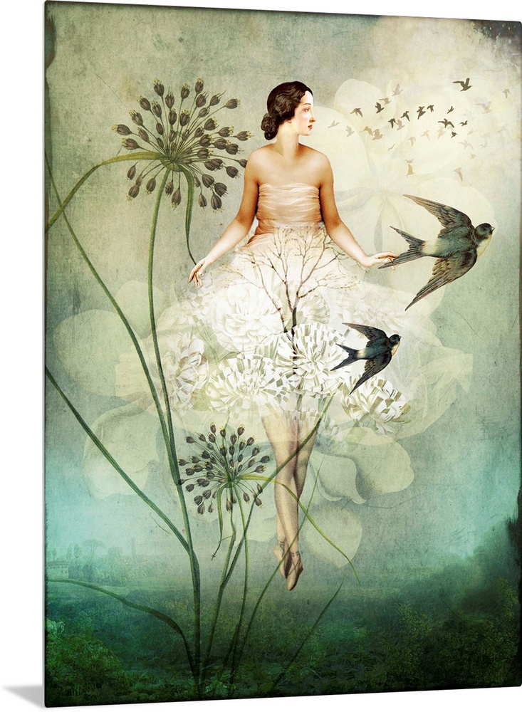 A woman floating in the sky with white flowers as bird passes by.