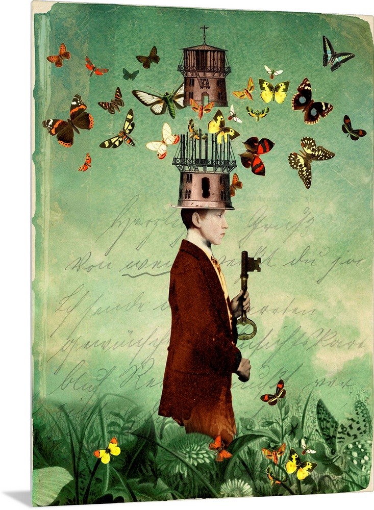Contemporary artwork of a male holding a key with butterflies flying overhead.