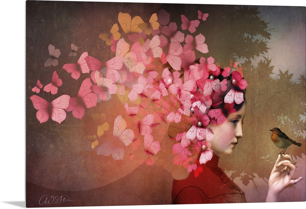 A horizontal image of a lady with a bird.  A group of red and pink butterflies are fluttering from her hair.