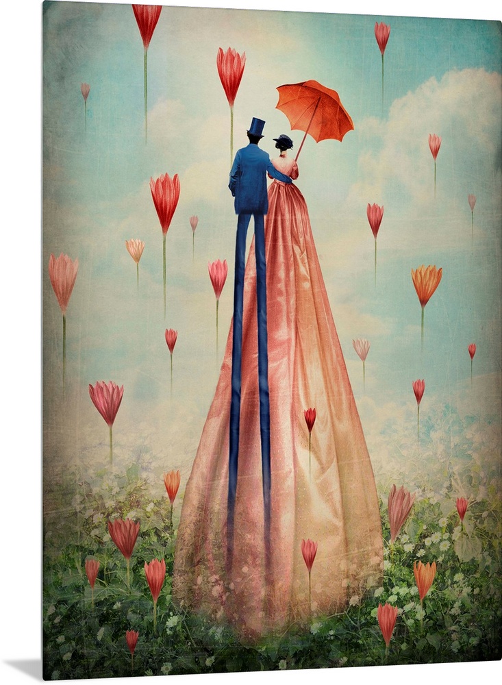 A contemporary painting of a couple walking through a filed with flowers floating in the air.