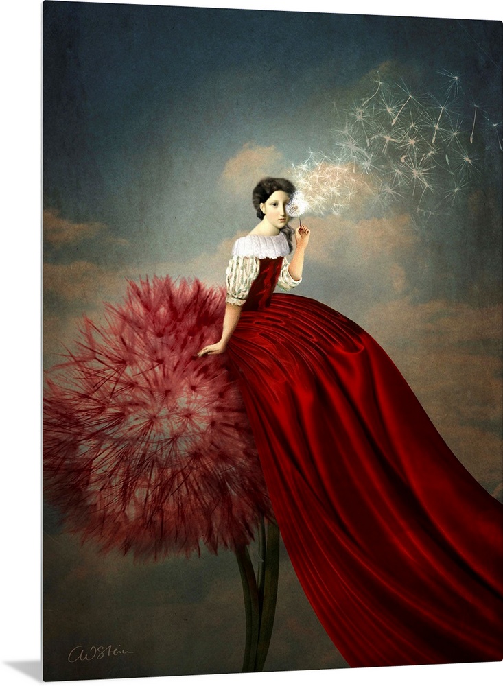 A lady with a long red dress is sitting on a red dandelion.