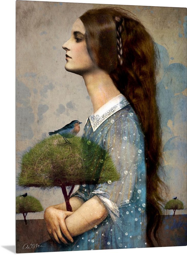 A profile of a woman with long hair, holding a tree with a blue bird in it.