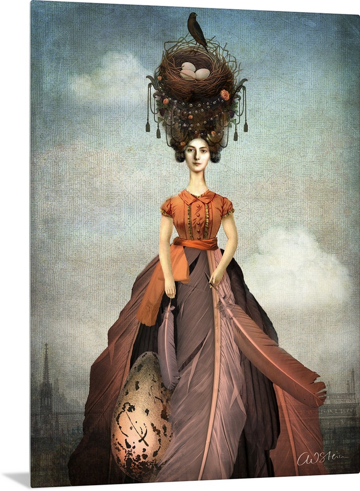 A digital composite of a female wearing a dress made of feathers with a bird nest on her head.