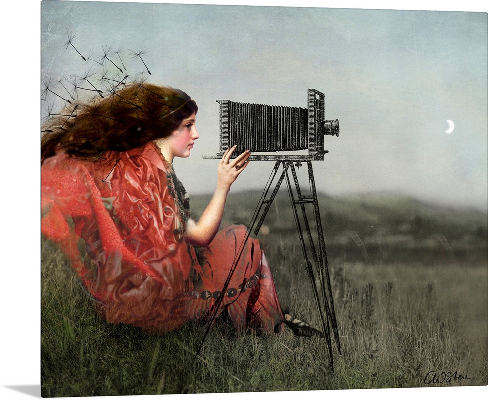 A digital composite of a female in a field using a view camera.