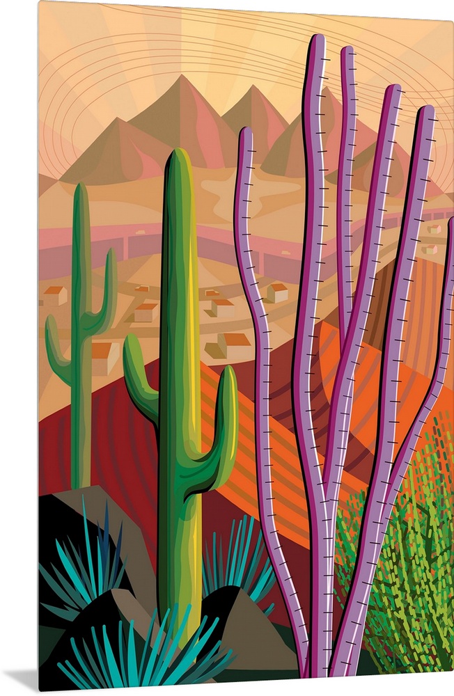 Vertical digital illustration in vibrant colors of Tucson, Arizona.