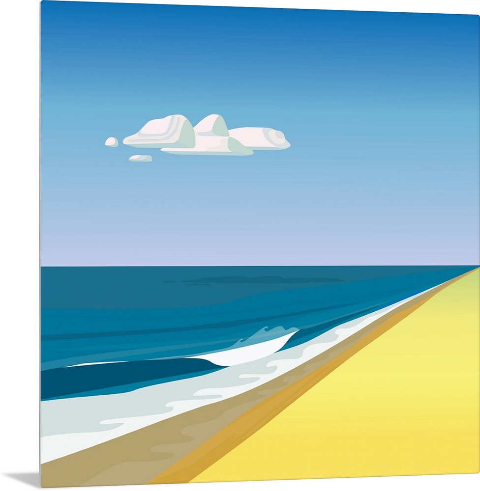 A simple, clean illustration of waves on a beach and a single cloud.