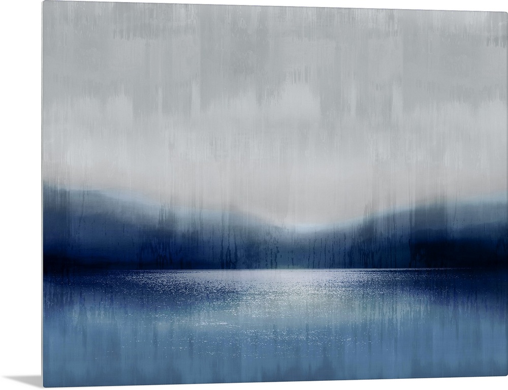 A misty, tranquil scene of a lake infront of mountains under a cloudy sky. The water and earth are in tones of blue and da...