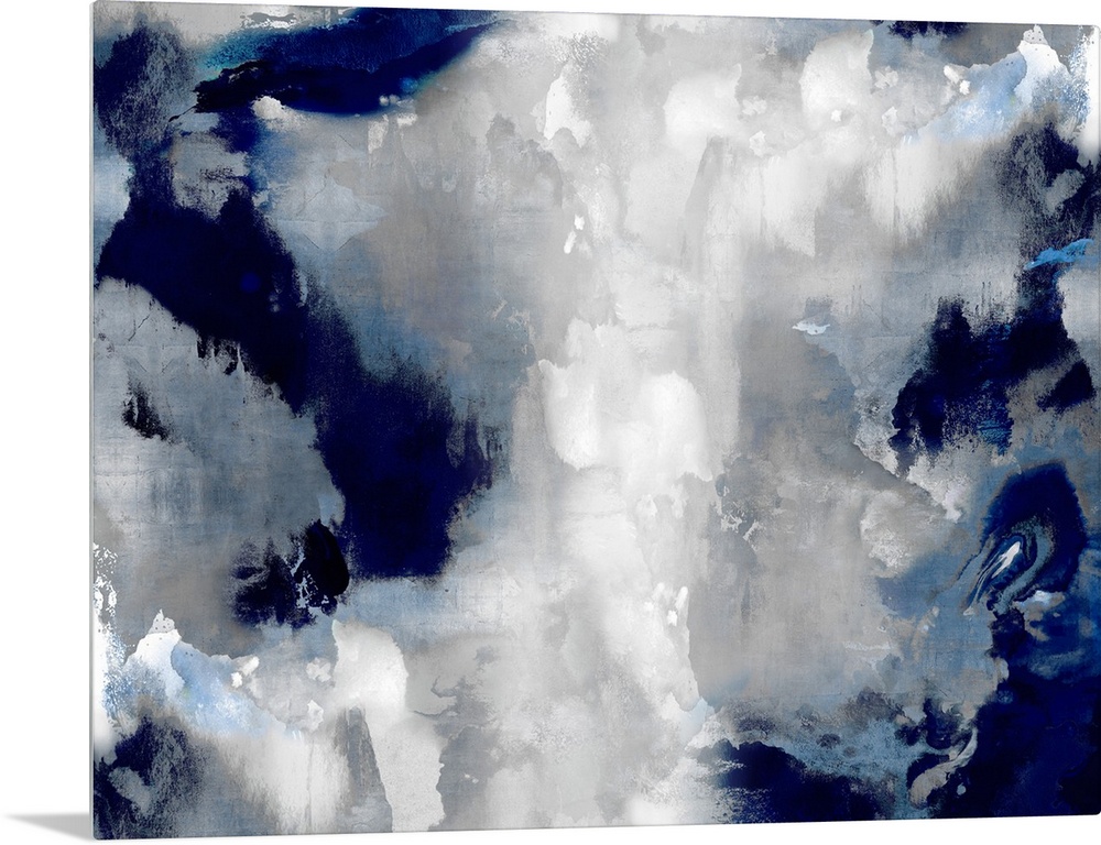 A large, horizontal abstract painting in shades of indigo and white. This statement piece of art would look outstanding in...