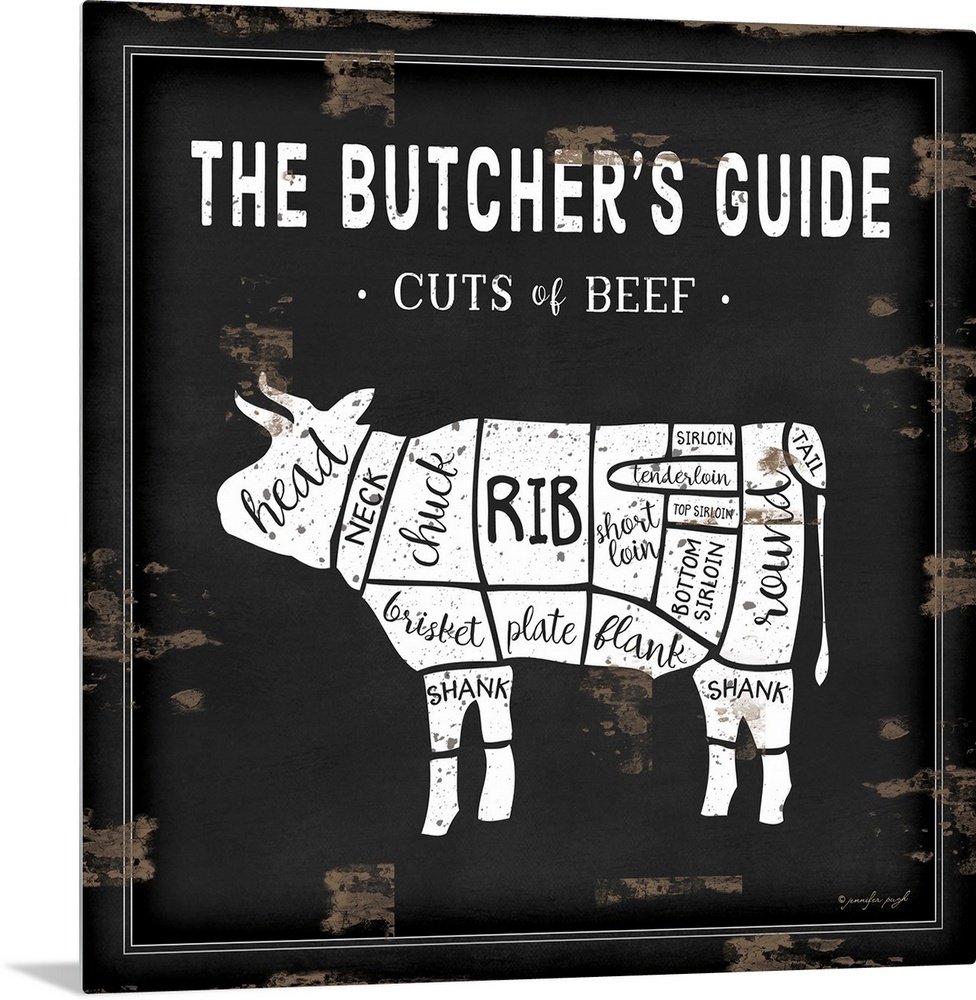 Rustic square chart showing cuts of beef in black and white.