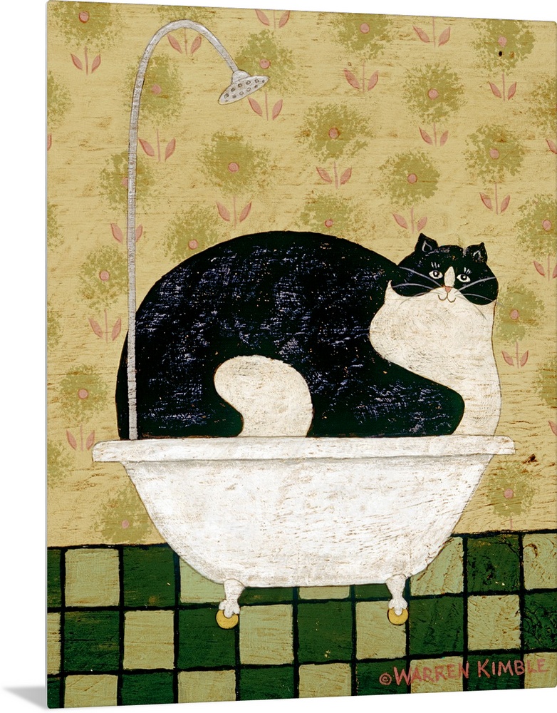 Whimsical country bathroom artwork of a very large cat taking up an entire bath tub with a tiled floor and wall paper behi...