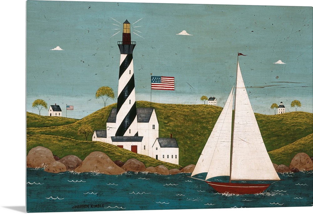 Folk art of a striped lighthouse on a hilly shore with an American flag, watching over a large white sailboat, three small...