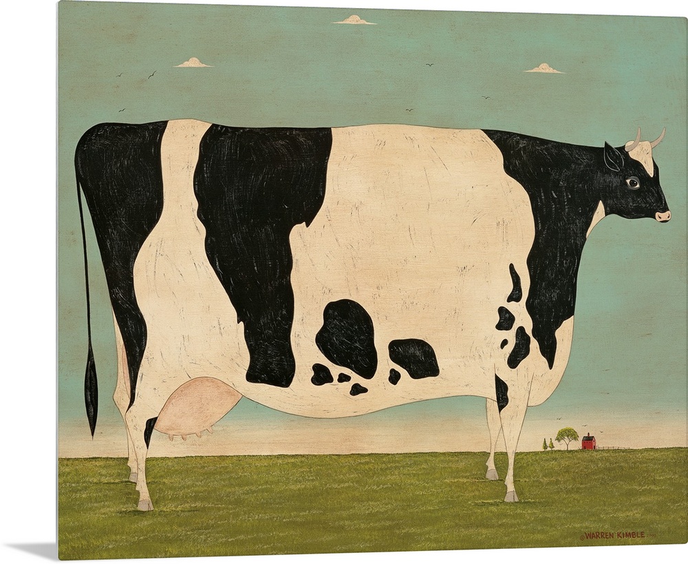 Painting of a very large spotted cow in a green pasture on a Vermont farm.