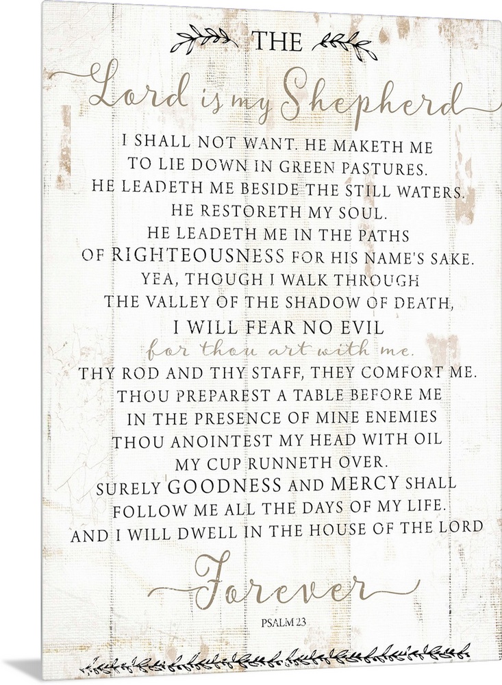 Psalm 23 on a white shiplap wood background.