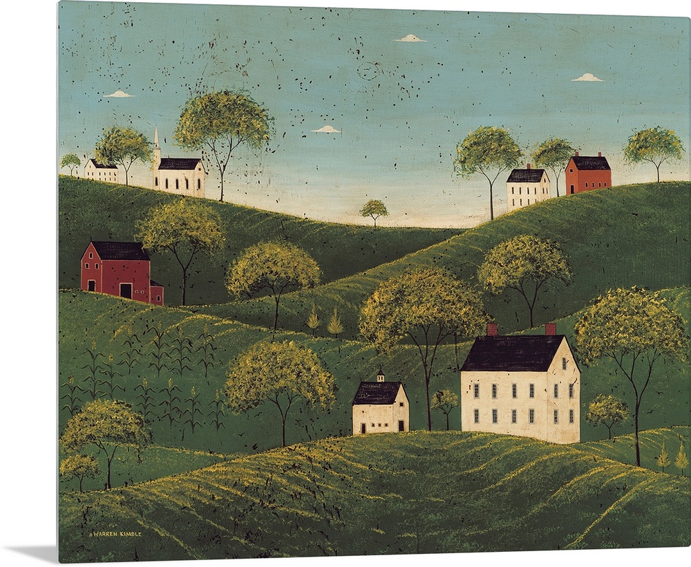 This rustic folk art painting shows Georgian Colonial farmhouses perched on hilltops in the middle of stylized farmland.