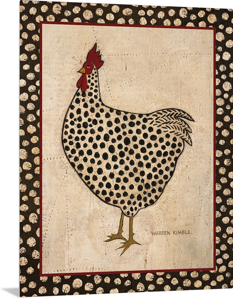 Big illustration depicts a dotted fowl standing within a rectangular framed bare background.  Artist sets frame against an...