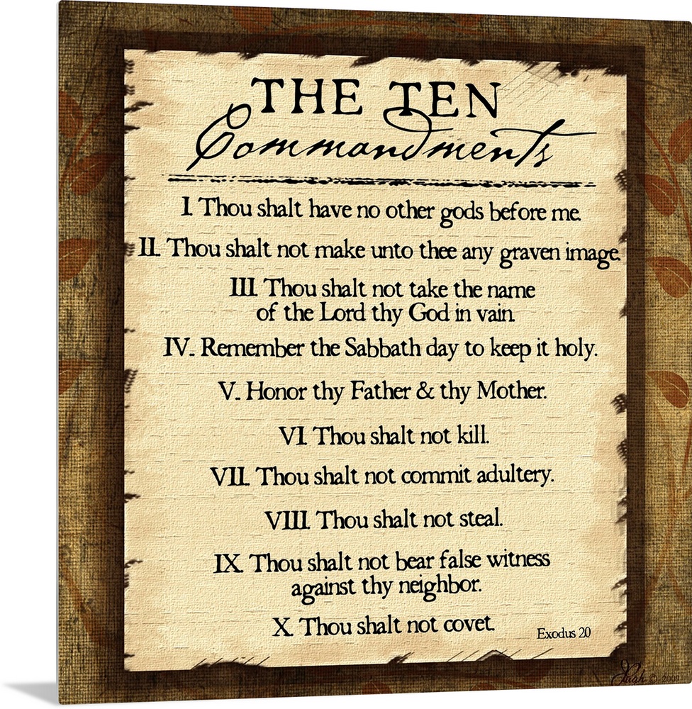 This large square piece lists the ten commandments with a decorative border around them.