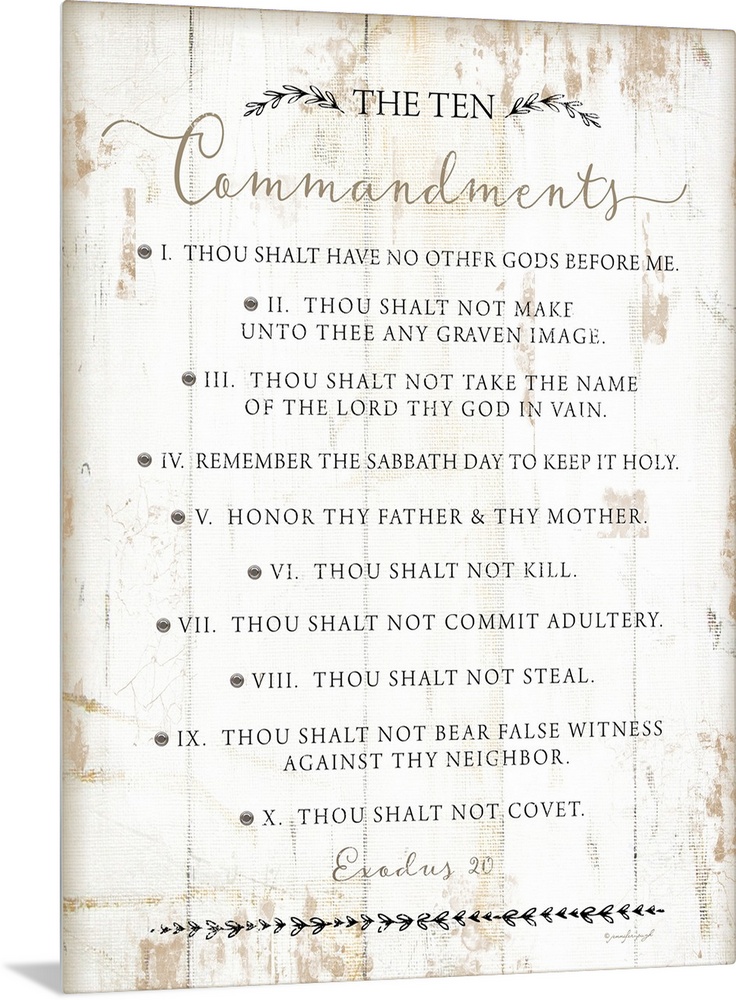 The Ten Commandments on a white shiplap wood background.