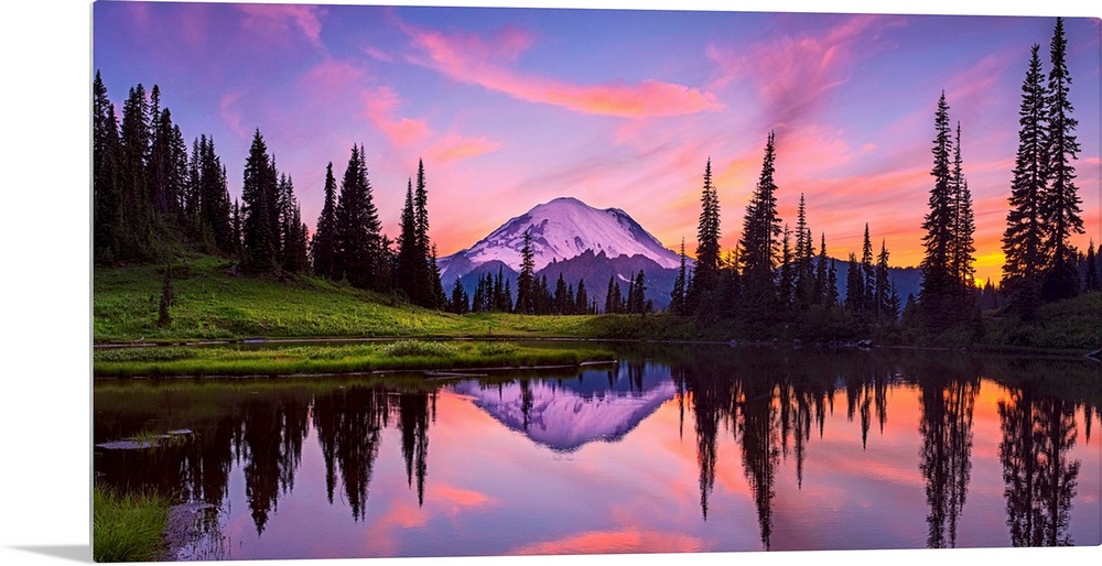 USA, Washington, Mt. Rainier National Park. Tipsoo Lake panoramic at sunset.