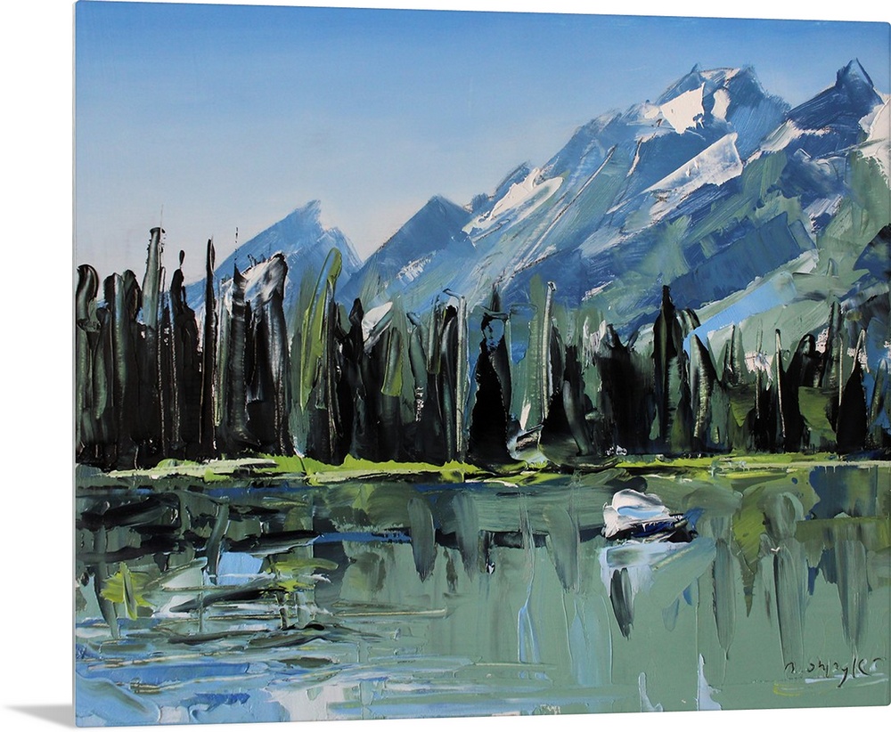 Contemporary palette knife painting of green trees lining a body of water with mountains in the background.