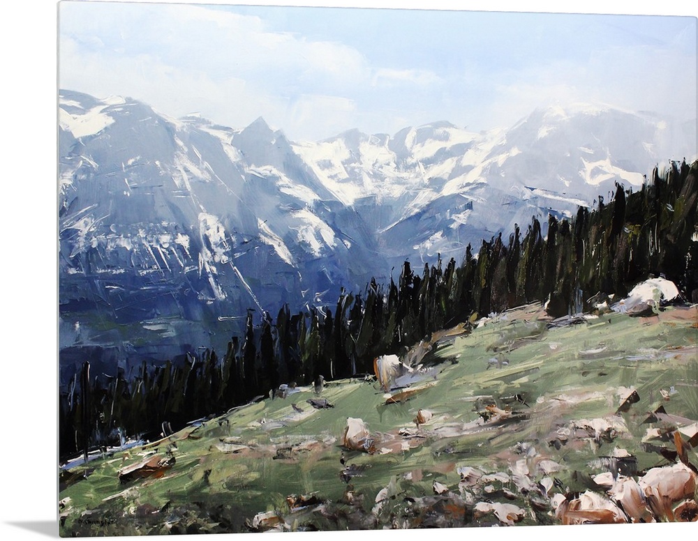 Contemporary palette knife painting of a green valley under a blue sky in the Colorado Rocky Mountains.