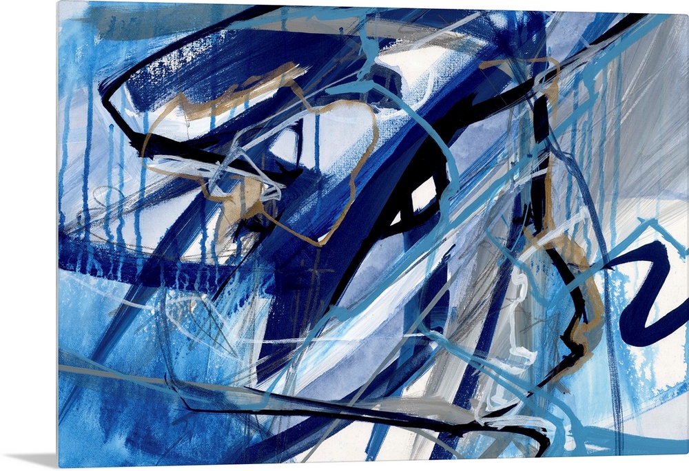 A contemporary abstract painting of a web made up of blue tones.