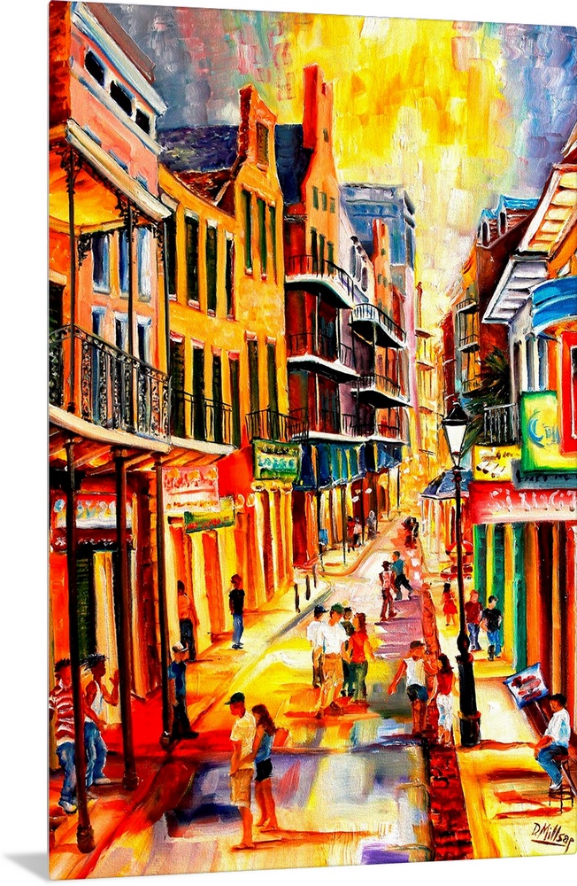 Giant, vertical, contemporary painting looking down a row of buildings on either side of Bourbon Street in New Orleans.  G...