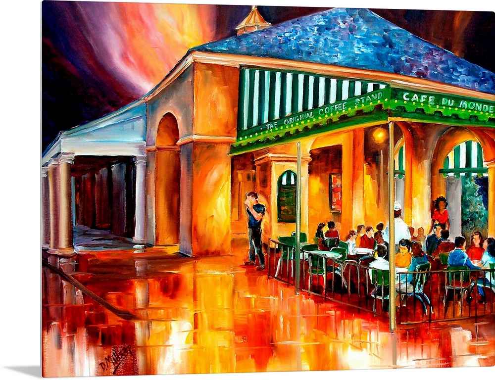 Large painting on canvas of a warm toned cafo with people sitting outside conversing and eating.