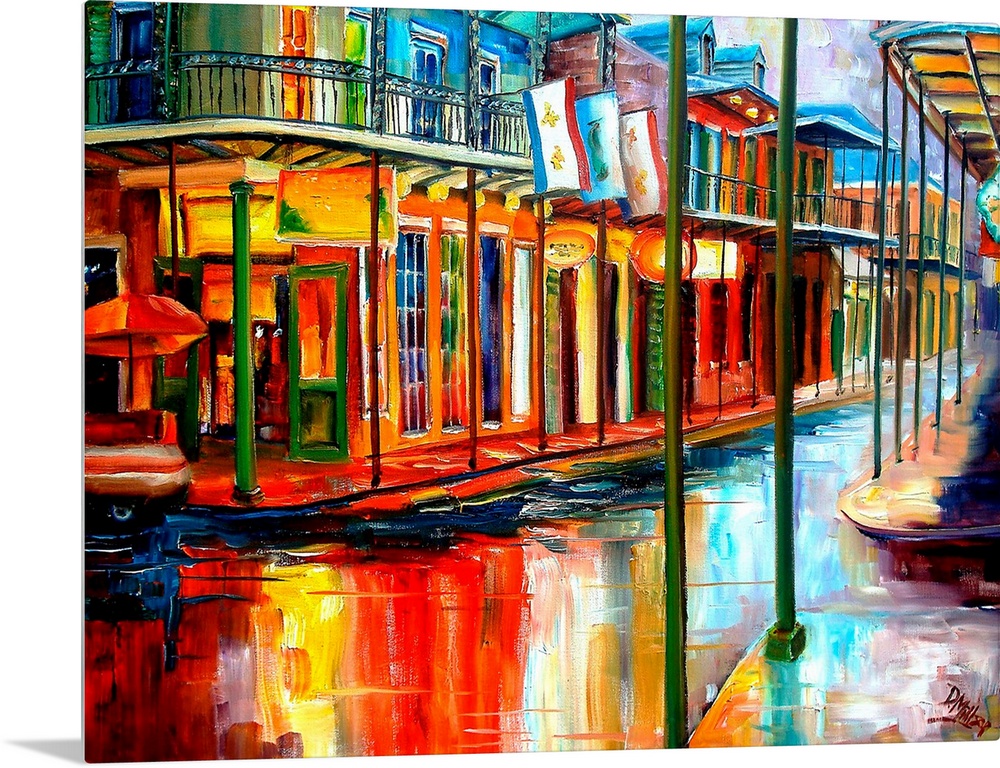 Boldly colored contemporary painting of historic park in French Quarter of New Orleans.  Shops line the wet streets with b...