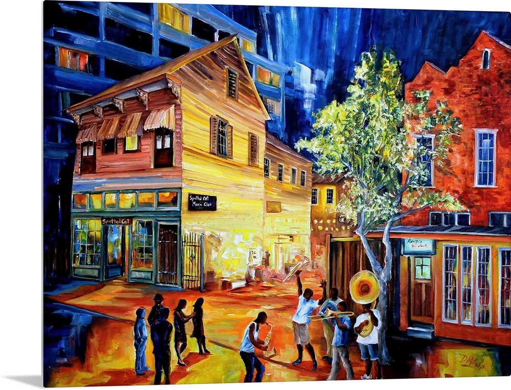 Vibrant contemporary painting of iconic landmarks in New Orleans in bright colors.