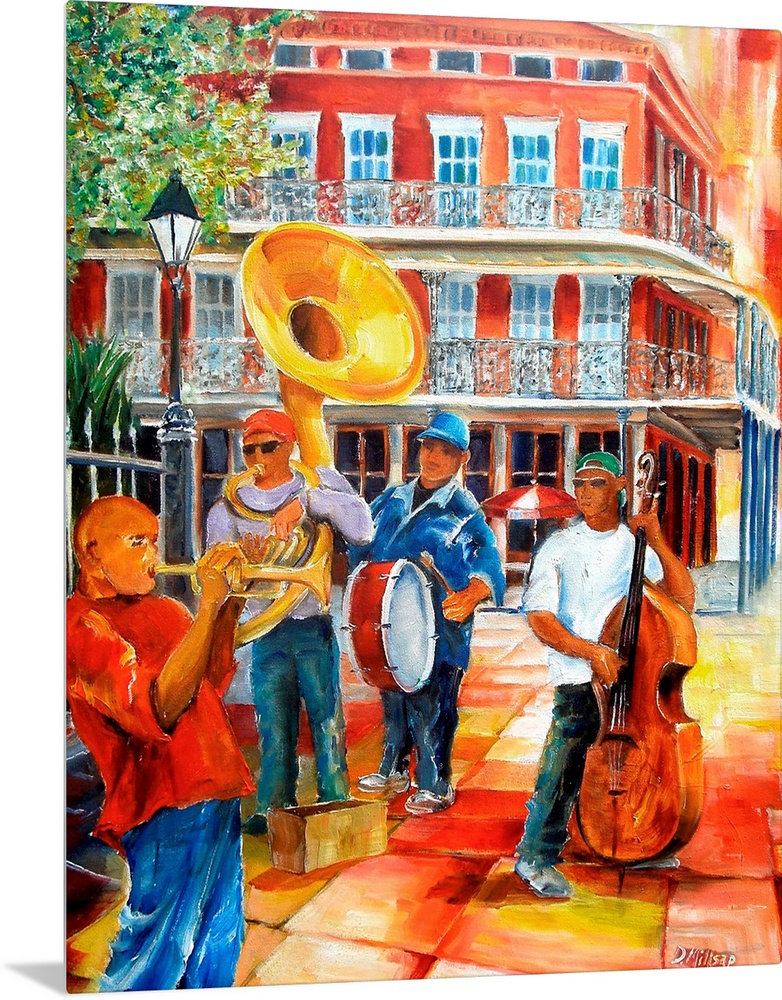 Colorful contemporary painting of New Orleans' street musicians performing in Jackson Square.