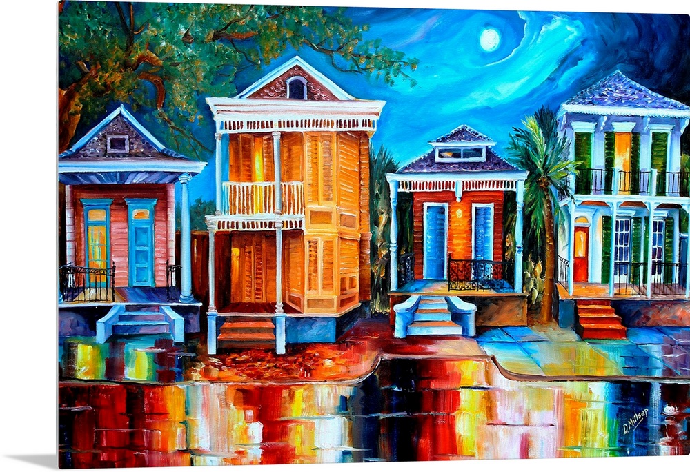 This contemporary nighttime scene features a row of historic shotgun houses in New Orleans. The bright colors of the house...