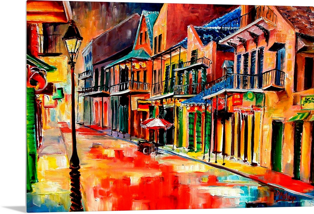 Huge contemporary art shows the vibrantly colored buildings lit up on a quiet street in Louisiana at night.