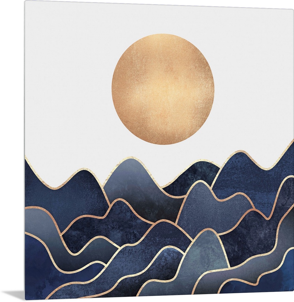 Overlapping, organic trianglular shapes in shades ofblue and indigo outlined in gold, representing a series of mountains u...