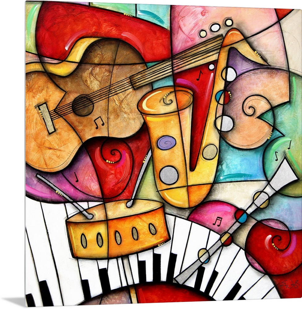 Square artwork on a giant canvas of a grouping of illustrated jazz instruments, including the saxophone, snare drum, bass ...